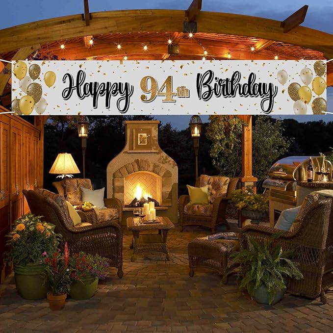 Happy 94th Birthday Decorations,94th Gold Balloon Large Birthday Hanging Banner Sign - Cheers to 94 Years Old Bday Party Supplies.