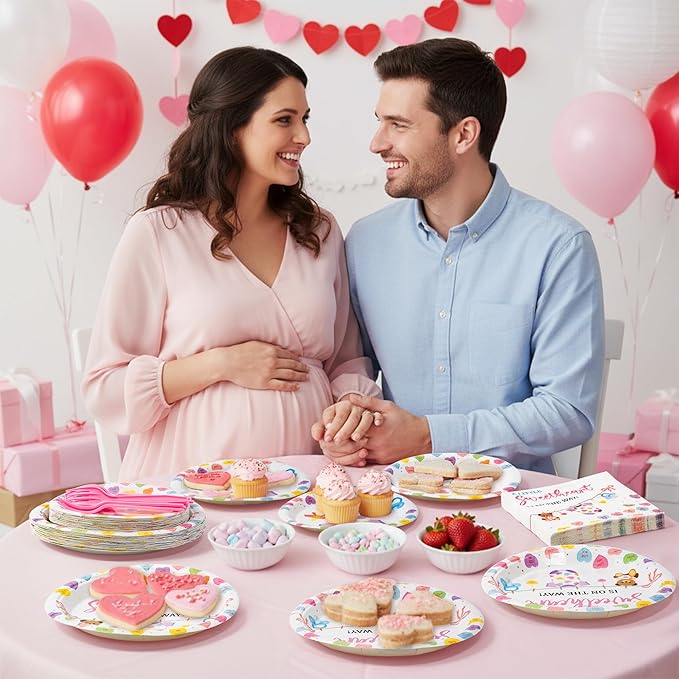 A Little Sweetheart Is On The Way Baby Shower Party Plates Supplies - Serves 24-96Pcs Conversation Heart Tableware Decoration Disposable Paper Plates Napkin Fork for Birthday