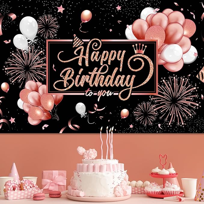 Blulu Happy Birthday Backdrop Banner Sign Poster Large Fabric Glitter Balloon Fireworks Sign Photo Backdrop Background for Birthday Party Decoration Supplies, 72.8 x 43.3in (Pink and Black)