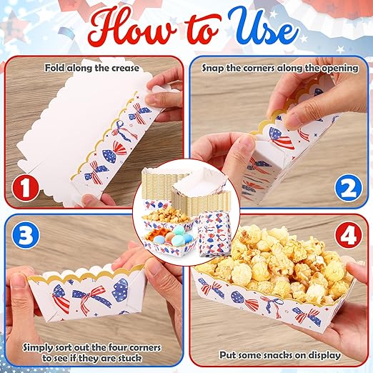 36 Pack Patriotic Plates Paper Food Trays Patriotic Food Boats Disposable American Flag Nacho Snack Taco Hot Dog Holder Serving Trays for Labor Day Veteran Day Party Decor Supplies(Bow)