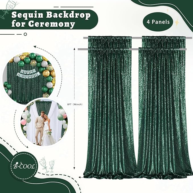 B-COOL Emerald Green Sequin Backdrop Curtains 4 Packs 2ftx8ft Sparkle Backdrop Fabric Glitter Backdrop for Party Ceremony Wedding Birthday Decoration
