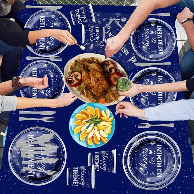142Pcs Retirement Tableware Party Decorations Happy Retirement Party Supplies Sliver Blue Plastic Disposable Banner,Cup,Tablecloth,Plates and Napkins Sets