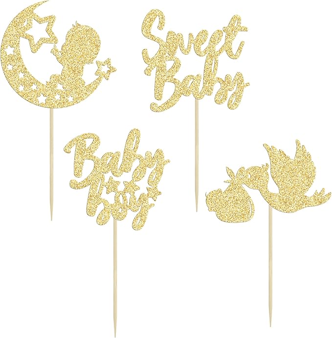 24Pcs Baby Boy Cupcake Toppers Gold Glitter Moon Star Sweet Baby Boy Cupcake Picks Decorations for Gender Reveal Baby Shower Kids Boys Birthday Party Supplies