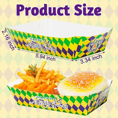100 PCS Mardi Gras Decorations, 5.94" Plaid Stripe Snack Trays, Purple Gold Design Hot Dog Trays Mardi Gras Paper Trays for Food, Fat Tuesday Table Decorations Masquerade Party Decorations