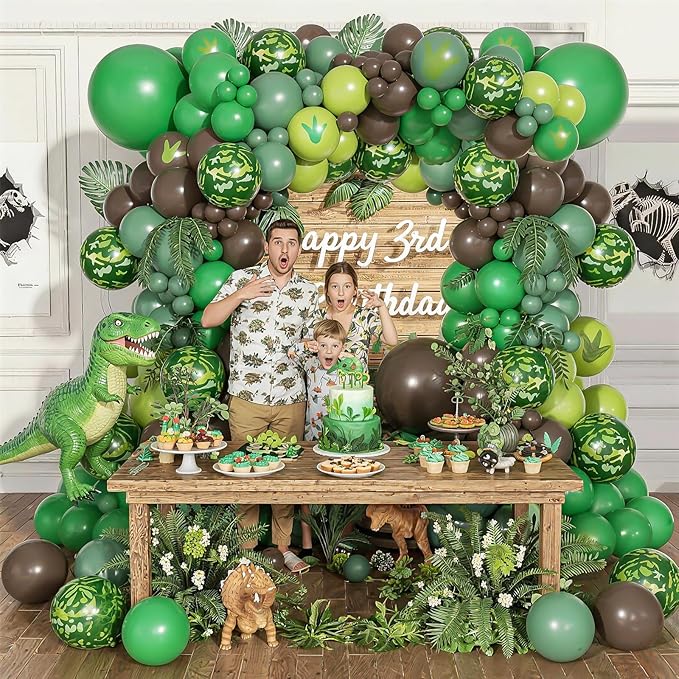Dinosaur Birthday Party Decorations, Jungle Themed Balloon Arch Kit with Green Brown Balloons Dinosaur Paw Print Stickers for Kids Jungle Safari T-REX ROAR Themed Party Decor Supplies