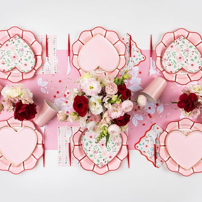 Bonjour Fête Pink & Red Floral Paper Party Dinner Plates | Large Disposable Dinner Plates for Valentine’s Day, Spring Parties & Tea Gatherings | Premium Party Supplies & Decorations | Pack of 8, 11"
