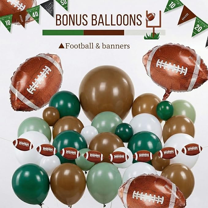 Football Party Decorations Kit 120PCS sage Green brown White Balloon Garland Arch with Football Banner Mylar Balloons for Sports Birthday Boys first year touch down party decorations