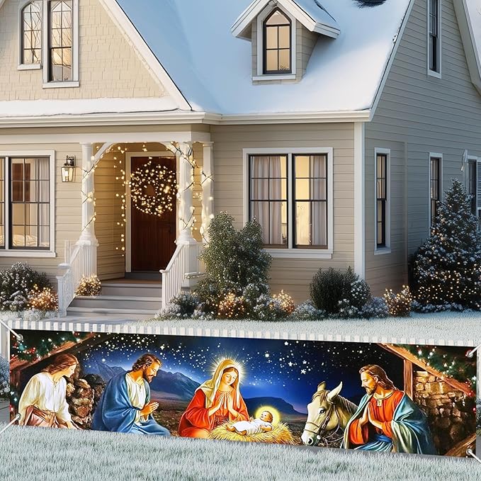 Nativity Scene Banner 79x18 Inches Christmas Fence Banner Holy Night Yard Display Jesus Birth Manger Scene Backdrop Christian Outdoor Decorations Holiday Sign