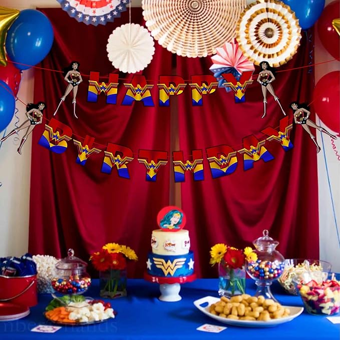 "Wondr Woman Happy Birthday Banner – Superhero Theme Party Decorations for Girls – Colorful Hanging Birthday Banner for Birthday,Comic Fan Celebrations, School Events & Party Supplies"