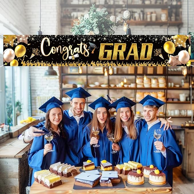 Large Banner and Backdrop for Party, Yard, Garden – Party Supplies for Indoor/Outdoor (Graduation Black)