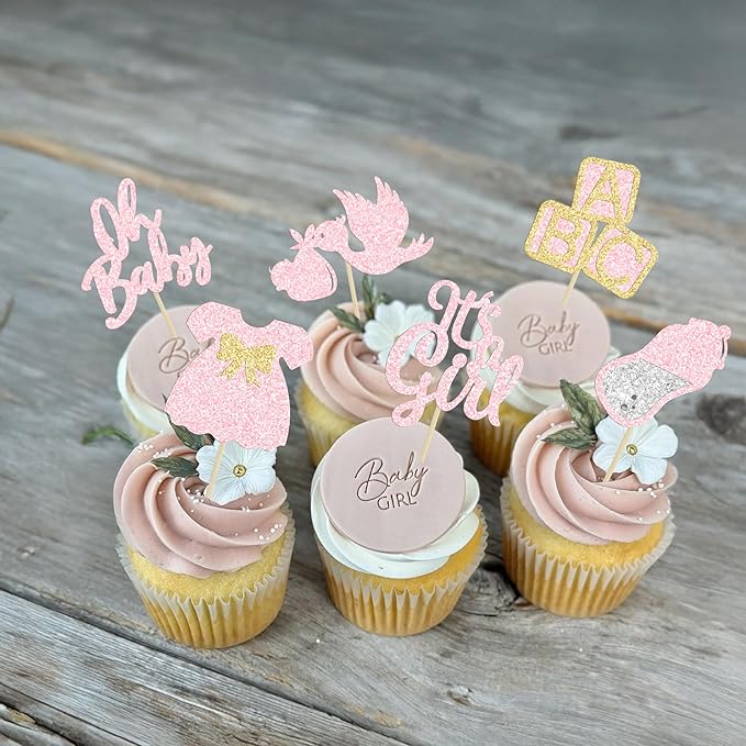 24Pcs Oh Baby Cupcake Toppers It's a Girl Cupcake Toppers with Bow Dress Bottle Swan Light Pink Glitter Babyshower Gender Reveal Cake Picks Decorations for Baby Shower Girl Birthday Party Supplies