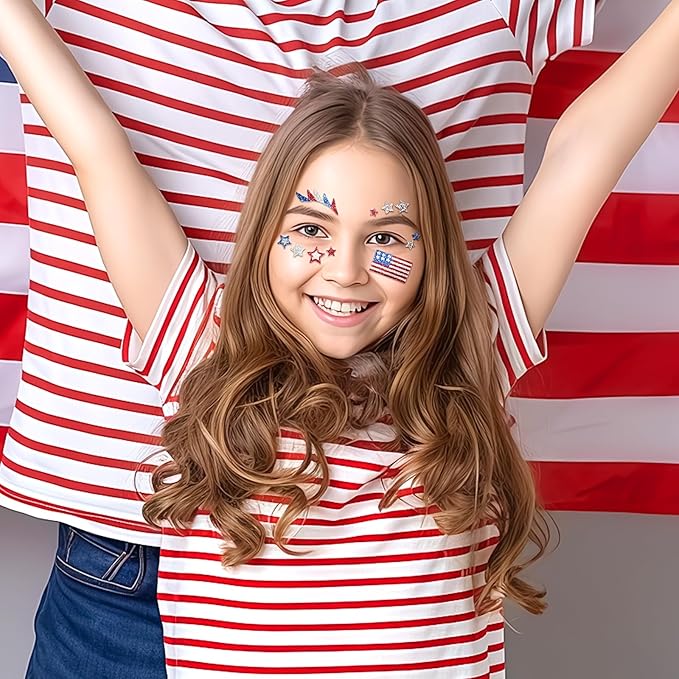 4th of July Face Gems, Fourth of July Celebration Face Jewels, Patriotic Tattoo with USA Flag Stars Designs, Sparkle Glitter Red Blue Silver for Independence Day, Parades, Parties 2 Sheets (style3)