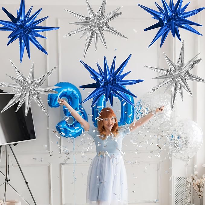 6PCS Blue Silver Star Balloons, 22Inch Large Navy Blue Silver Star Shaped Balloon Foil Spike Balloon Cone Balloons for Graduation Birthday Baby Shower Party Decorations