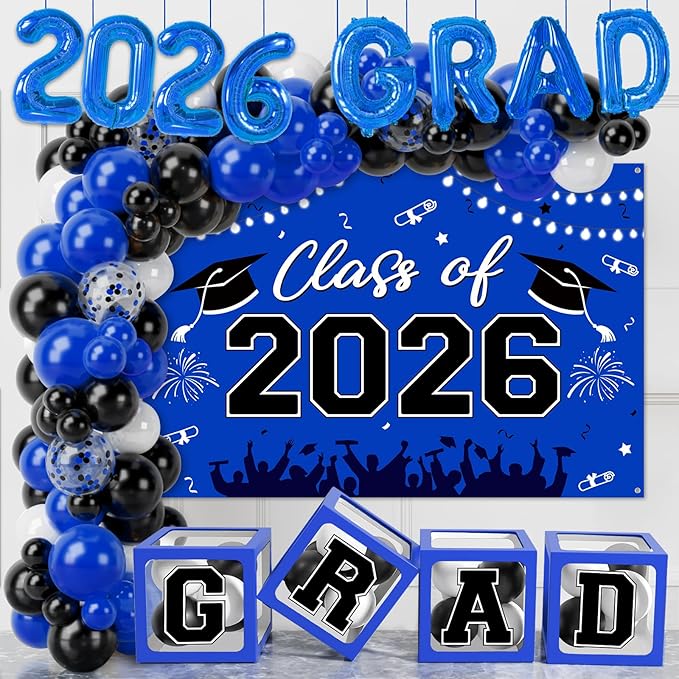 Graduation Decorations Class of 2026-123pcs Blue Black Graduation Party Decorations include Balloon Boxes with Letters, Balloon Arch Kit and Backdrop for 2026 Grad Party Supplies