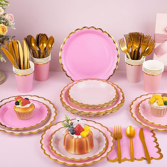 Kochorie 140 PCS Pink Plates and Napkins Party Supplies for 20 Guests Disposable Light Pink Paper Plates Set Includes Pink Scalloped Plates Napkins Cup Cutlery Set for Baby Shower Birthday Wedding