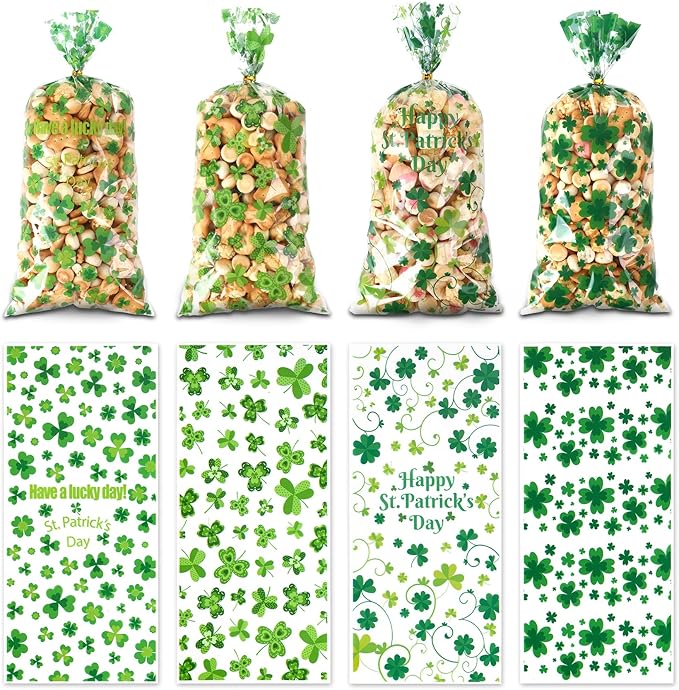 eowqeiur 100 PCS St Patricks Day Treat Bags(5x11 Inch) Green Shanrock Cellophane Bags for Cookie Candy Goodie Goody Snack Gifts Wrap Clover Spring Baggies Pouch St Patricks Party Favors Supplies