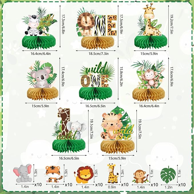 Wild One Birthday Decorations Jungle Baby Shower Honeycomb Centerpieces for Boys and Girls,8 Pcs Safari Centerpieces and Confetti Table Decorations, Safari Jungle Animals Party Decor