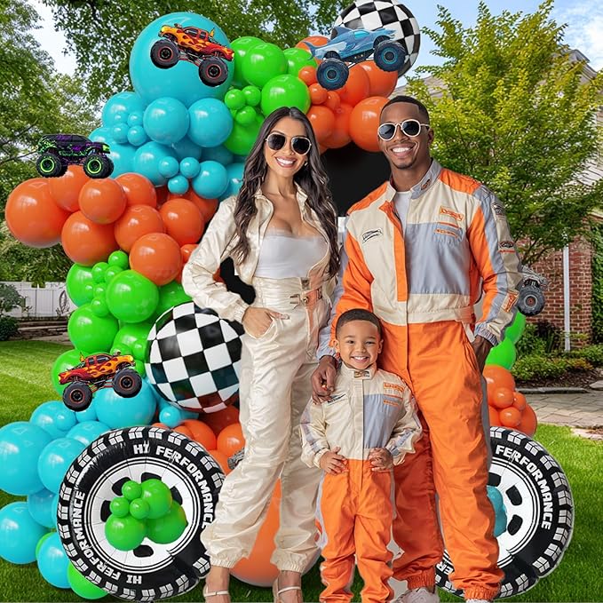 132pcs Monster Truck Birthday Decorations for Boys – Colorful Balloon Arch Kit with Wheels Foil Balloons, Truck Cutouts, Orange Green Blue Balloons, Racing Party Supplies for Kids