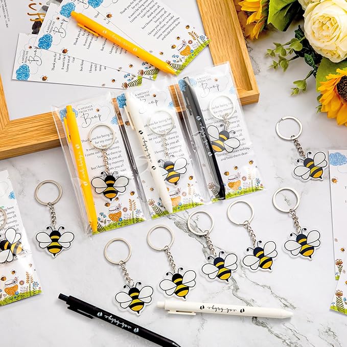 Highergo 100 Pcs Baby Shower Party Favors Bulk 50 Animal Keychains 50 Ballpoint Pens with Thank You Cards Gender Reveal Gift for Guest Baby Shower Souvenir Prize(Bee)