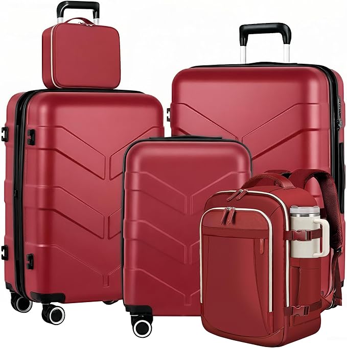 TILYMOL Luggage Sets 5 Piece - Expandable Suitcase Set with TSA Lock & Spinner Wheels, Lightweight PP Hardshell Travel Luggage for Women, Red