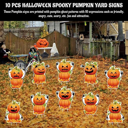 10 PCS Halloween Pumpkin Yard Signs with Stakes, Waterproof Pumpkin Ghost Lawn Signs, Trick or Treat Party Garden Outdoor Decorations, 10 Cute Scary Styles