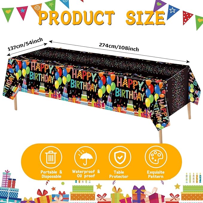 4 Pcs Happy Birthday Tablecloth 54'' x 108'' Disposable Birthday Table Cover Plastic Colorful Balloons for Kid Boy Girl Party Decoration Supplies(Black)
