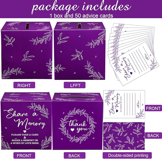 Pajean 50 Pcs Share a Memory Cards for Collections of Life, Memory Cards Box for Guest Ideas Funeral Graduation Wedding Bridal Shower Birthday Anniversary Retirement(Purple)