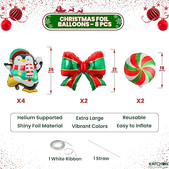 KatchOn, Merry Christmas Balloons Set – Pack of 8 | Peppermint Candy, Penguin & Bow Balloons for Outdoor Christmas Decorations Indoor | Penguin Xmas Decorations | Foil Balloon for Holiday Party Decor