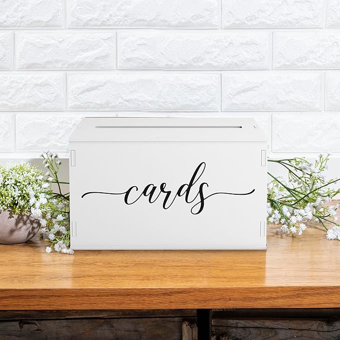 Heather & Willow Wooden Wedding Card Box with Slot - Rustic Decorations for Reception, Gifts & Money - White Lid for Baby Shower, Bridal Shower, Graduation