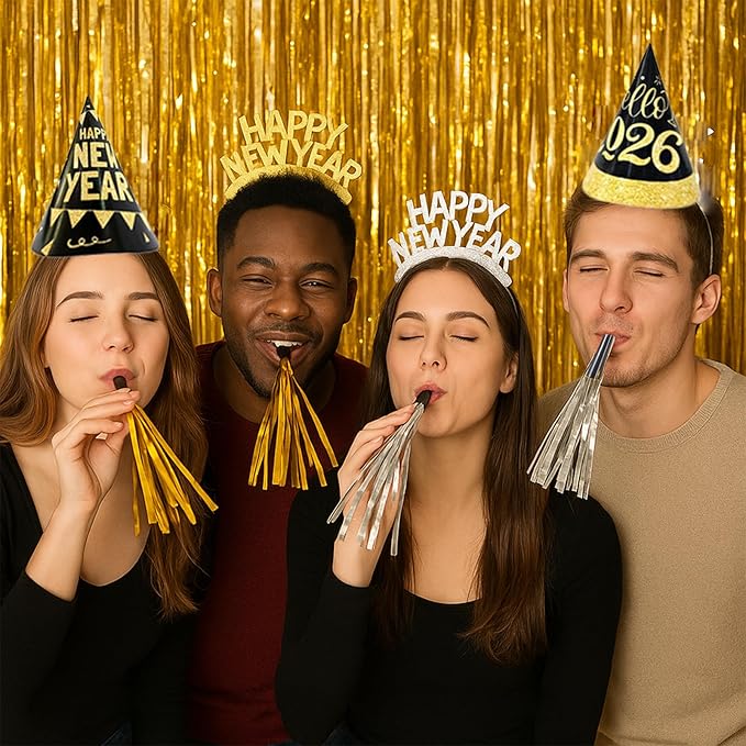 New Years Eve Party Supplies 2026 – 65 PCS Celebration Kit with Headbands, Cone Hats, Glasses, Necklaces, Noise Makers, Photo Booth Props & Wristbands – Gold Silver Happy New Year Decorations