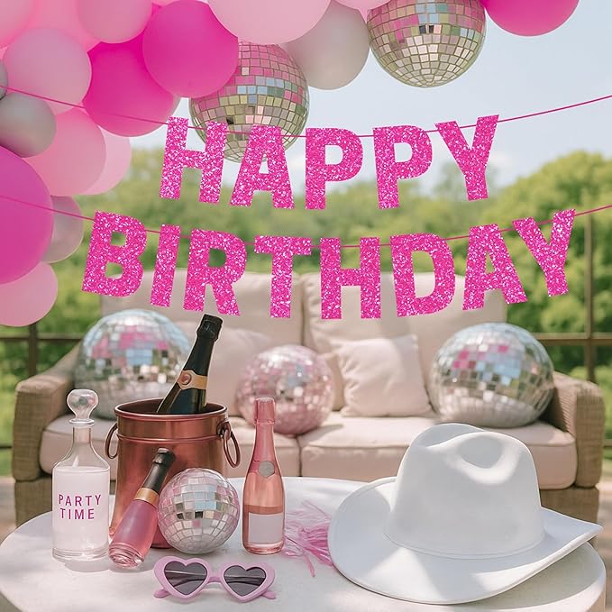 Pre-strung Happy Birthday Banner - No DIY - Hot Pink Glitter Happy Birthday Party Banner for Girls & Women - Pre-strung on 8 ft Strands - Hot Pink Bday Party Decorations & Decor. Did We Mention No DIY