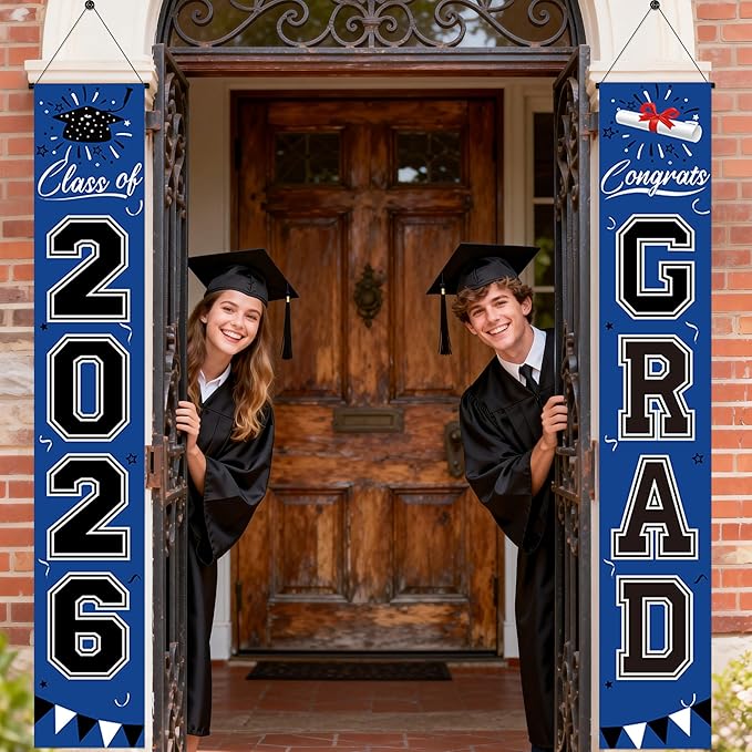 Graduation Decorations 2026 - Blue and Black Graduation Banner Class of 2026 Congrats Grad Party Supplies Decorations Door Banner 2026 for Graduation Decor