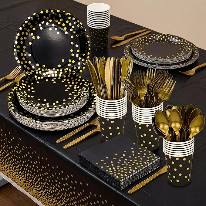 176 Pieces Gold Disposable Party Dinnerware Set &Golden Dot Disposable Party Dinnerware - Black Paper Plates Napkins Cups, Gold Plastic Forks Knives Spoons