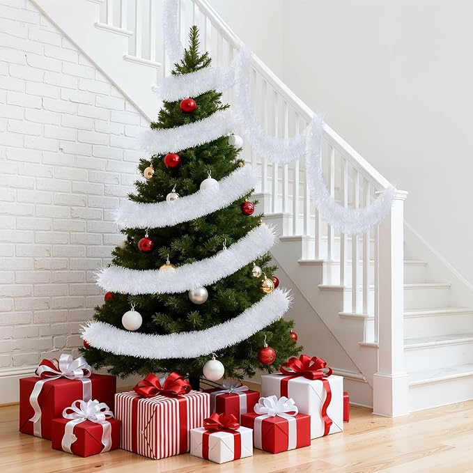 50 Ft White Christmas Tinsel Garland, Thick Thin Metallic Twist Shiny Hanging Garland Ornaments Metallic Streamers for Xmas Tree Indoor Decor
