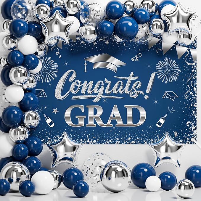 Ecomore 2026 Graduation Decorations - 245 PCS Grad Disposable Dinnerware(Serve 25) & Graduation Party Supplies With Congrats Paper Plate Cup Napkin Tablecloth Backdrop Balloon Kit - Navy Blue Sliver
