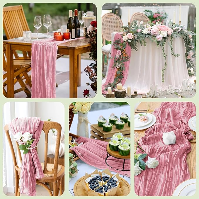 Wokceer Cheesecloth Table Runner 3Pack 10FT Pink Boho Gauze Cheese Cloth Table Runner for Party Long Rustic Sheer Table Runners for Baby Bridal Shower Wedding Easter Table Decor
