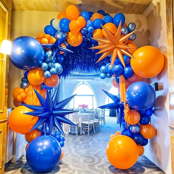 Orange and Blue Balloon Arch Garland Kit, Royal Blue Metallic Gold Orange Balloons with Star Foil Balloons for Boy Men Birthday Party Graduation Decorations Baby Shower Backdrop