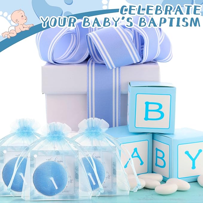 50 Sets Baby Shower Party Favors Including 50 Pcs Unscented Tealight Baby Shower Candles Gift Bags Cards for Gender Reveal Party Supplies(Blue)