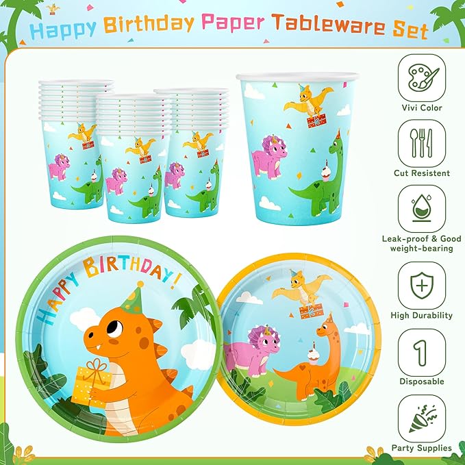 168PCS Dinosaurs Birthday Party Supplies for 24 Guests, Dinosaurs Themed Paper Plates Napkins Cups Cutlery, Dinosaur Disposable Tableware Set for Birthday Baby Shower Party Decorations