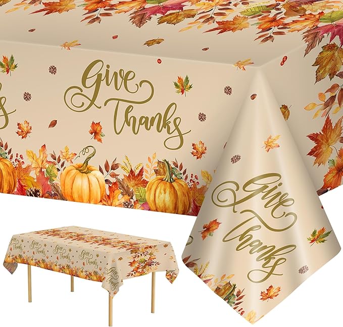 3 Pcs Thanksgiving Tablecloth Disposable - Fall Give Thanks Table cloth, Rectangle Plastic Maple Leaf Pumpkin Table Cover for Fall Harvest Thanksgiving Party Decorations Supplies Favors, 54x108 Inch