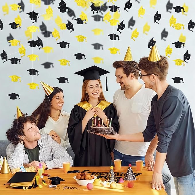 Black and Gold Graduation Garland Graduation Party Decorations Class of 2026 Grad Cap Garland Banner Streamers for Grad Party Hanging Decorations 39Feet