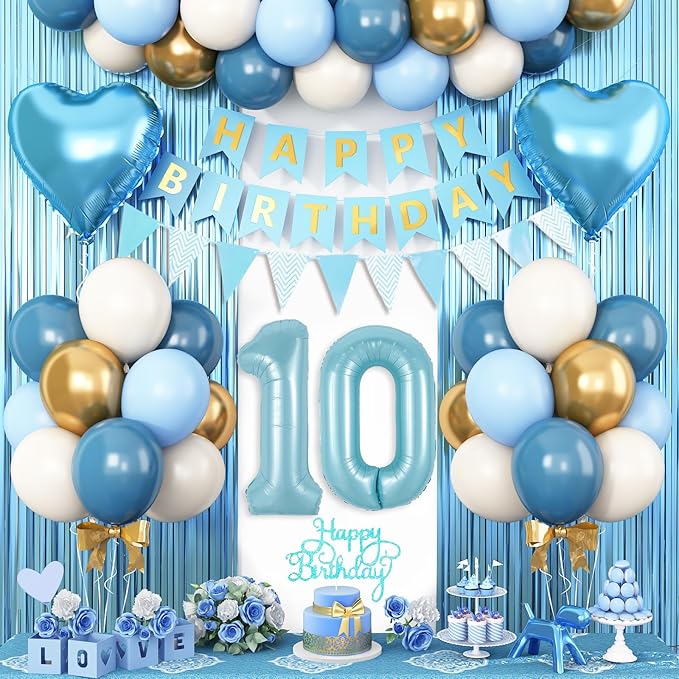 10th Birthday Decorations Blue White Gold,10th Birthday Balloons with Happy Birthday Banner Fringe Curtain Heart Foil Balloons for Boys Girls 10 Year Old Birthday Decor