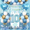 10th Birthday Decorations Blue White Gold,10th Birthday Balloons with Happy Birthday Banner Fringe Curtain Heart Foil Balloons for Boys Girls 10 Year Old Birthday Decor
