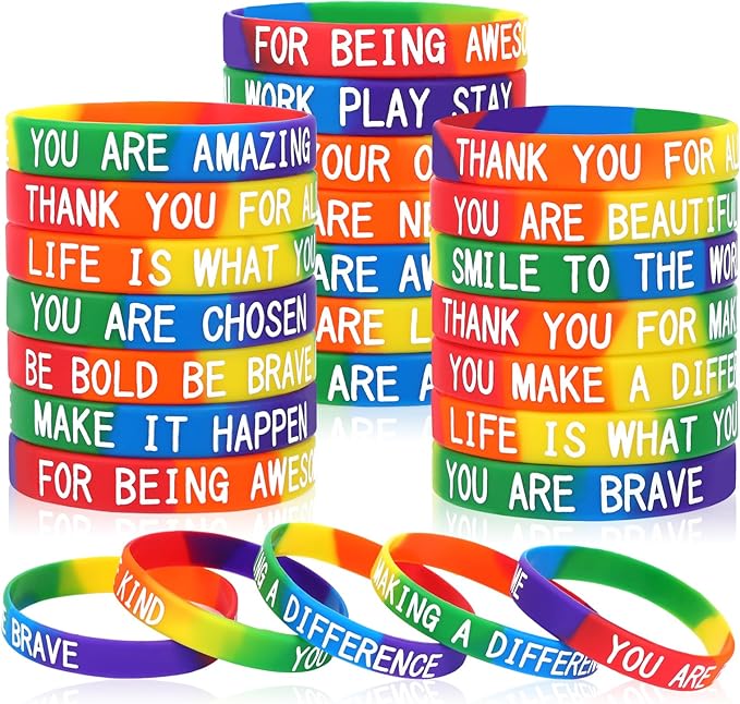 JUNEBRUSHS 42pcs Motivational Silicone Bracelets Rainbow Colors Inspirational Accessories Wristbands for Kids Teens Teacher Classroom Home Office Party Favor Gifts Supplies (14 Designs)