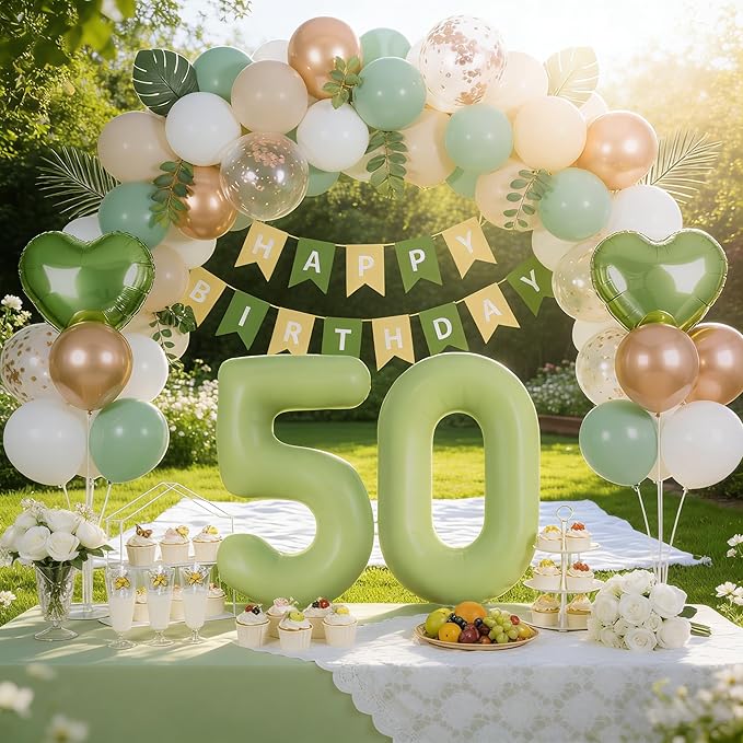 Sage Green 50th Birthday Decorations for Women Men, 50 and Fabulous Party Supplies, Sand White & Cream Balloon Kit with Green Number 50 Balloon and Fringe Curtains