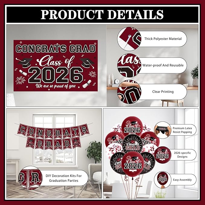 Graduation Decorations 2026 Maroon Party Decor Set with Congrats Grad Banner, Class of 2026 Backdrop, Balloons, Box & Streamers Supplies for High School & College Celebrations