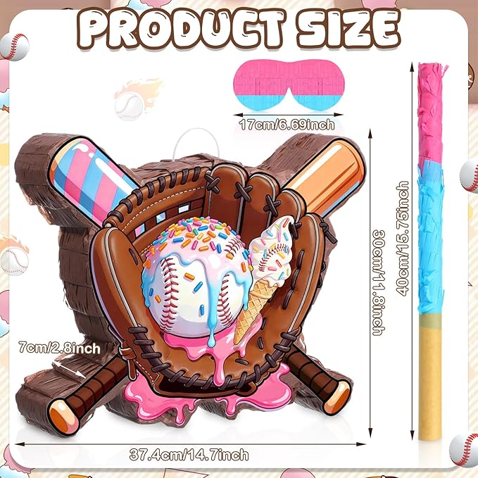 Jexine Ice Cream Drip Baseball Piñata Set Ice Cream Sport Party Supplies Fiesta Piñata Bundle with Blindfold Bat Stick for Summer Sport Baseball Drip Birthday Party Event Supplies Decor