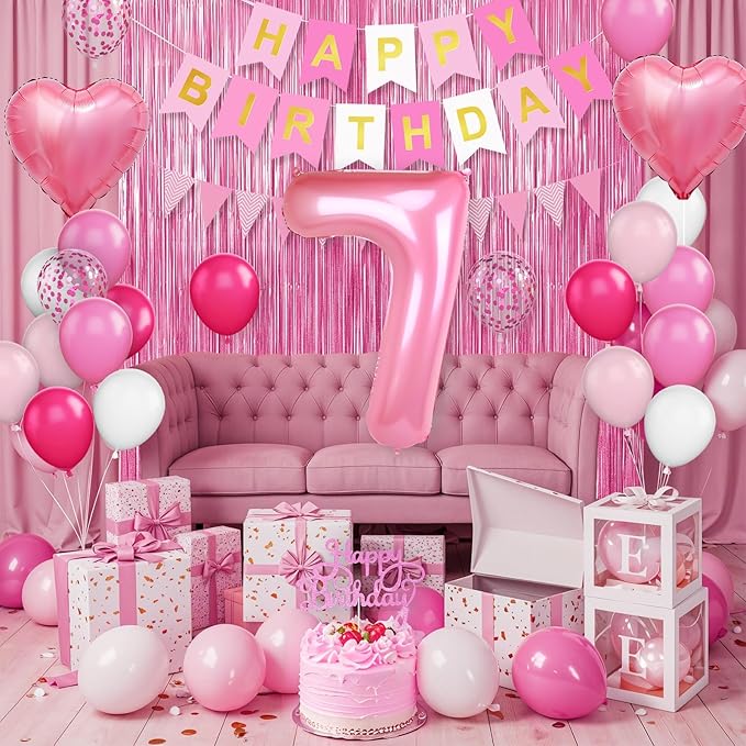 7th Birthday Decorations for Girls: Hot Pink Balloons, Happy Birthday Banner, Fringe Curtain, Cake Topper, Heart Balloons