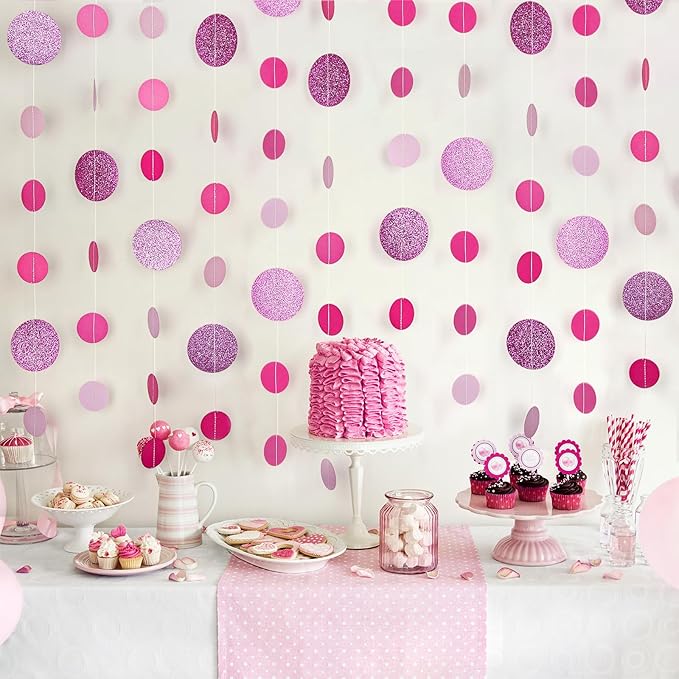 8 Pack Pink Glitter Dot Garland, Hanging Circle Streamers Banner, Backdrop Hanging Decorations for Bridal Showers, Baby Showers, Valentine’s Day, Birthdays, and Romantic Celebrations