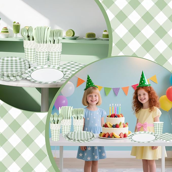 200 Pcs Sage Green Gingham Party Supplies Green and White Scalloped Paper Plates and Napkins Cups Disposable Gingham Checkered Plaid Dessert Plates Tableware Set for Baby Shower Wedding BBQ